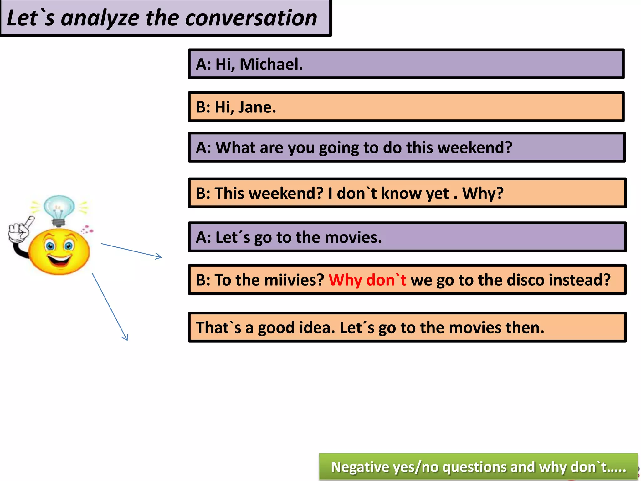 A: Hi, Michael.
B: Hi, Jane.
A: What are you going to do this weekend?
B: This weekend? I don`t know yet . Why?
Let`s analyze the conversation
A: Let´s go to the movies.
B: To the miivies? Why don`t we go to the disco instead?
That`s a good idea. Let´s go to the movies then.
Negative yes/no questions and why don`t…..
 