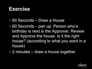 Exercise 60 Seconds – Draw a House 60 Seconds – pair up. Person who’s birthday is next is the Approver. Review and Approve the house. Is it the right house? (according to what you want in a house) 2 minutes – draw a house together 