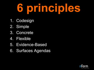 6 principles Codesign Simple Concrete Flexible Evidence-Based Surfaces Agendas 