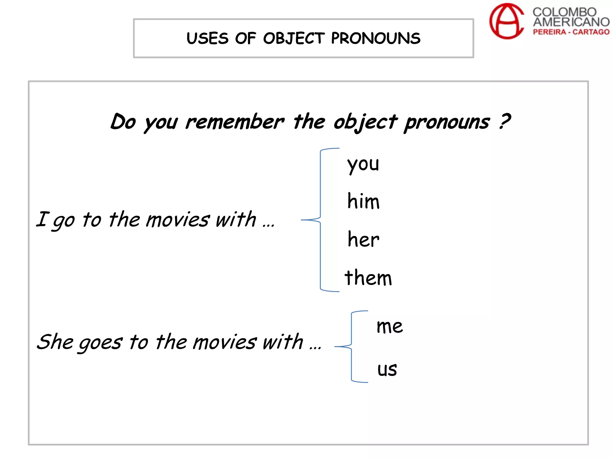 USES OF OBJECT PRONOUNS




       Do you remember the object pronouns ?
                                you
                                him
I go to the movies with …
                                her
                                them

                                  me
She goes to the movies with …
                                  us
 