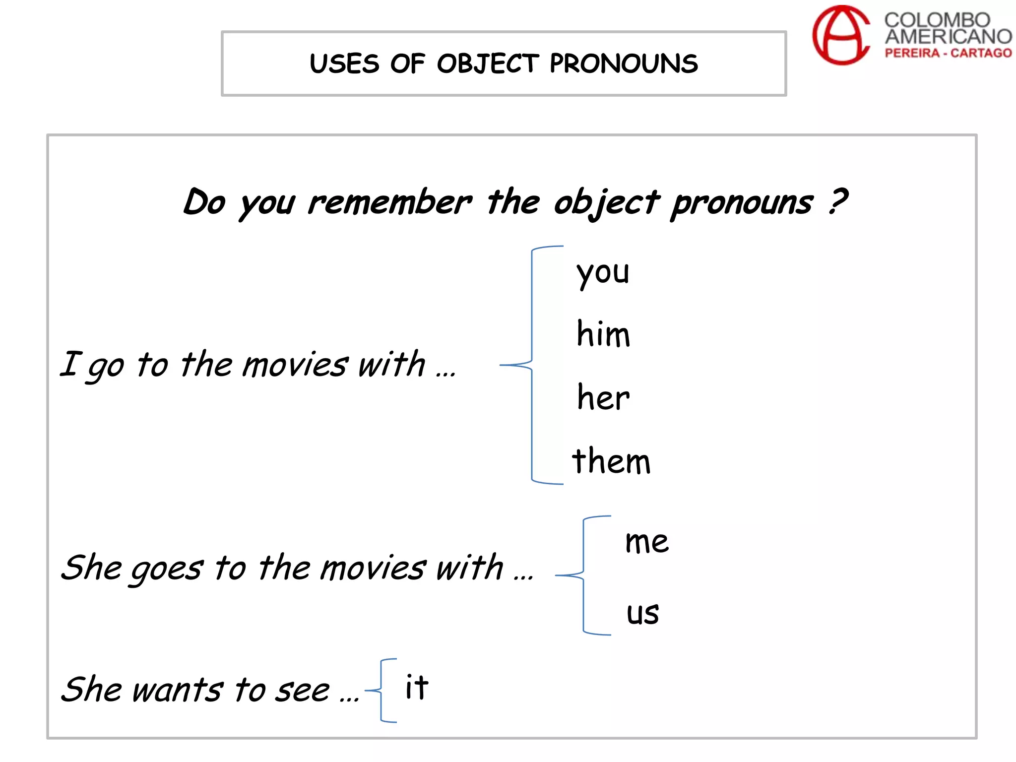 USES OF OBJECT PRONOUNS




       Do you remember the object pronouns ?
                                you
                                him
I go to the movies with …
                                her
                                them

                                  me
She goes to the movies with …
                                  us

She wants to see …   it
 