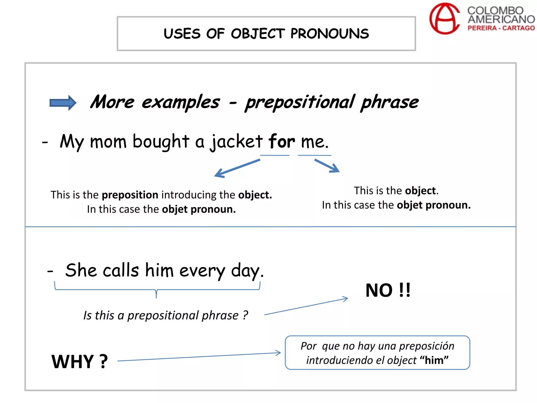 USES OF OBJECT PRONOUNS




         More examples - prepositional phrase

- My mom bought a jacket for me.

 This is the preposition introducing the object.               This is the object.
          In this case the objet pronoun.              In this case the objet pronoun.




- She calls him every day.
                                                               NO !!
       Is this a prepositional phrase ?

                                                   Por que no hay una preposición
 WHY ?                                              introduciendo el object “him”
 