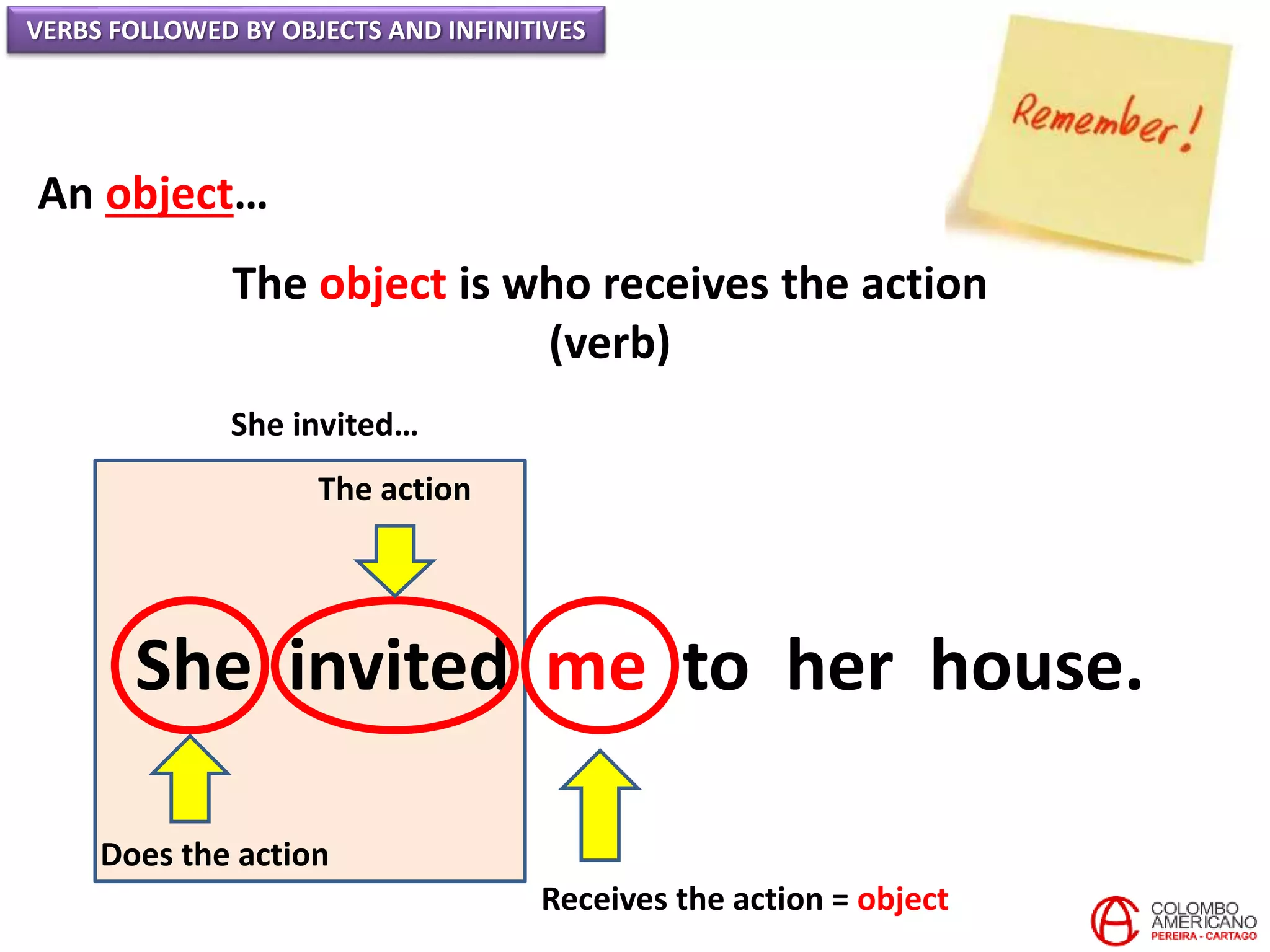 VERBS FOLLOWED BY OBJECTS AND INFINITIVES
An object…
The object is who receives the action
(verb)
She invited me to her house.
Does the action
The action
Receives the action = object
She invited…
 