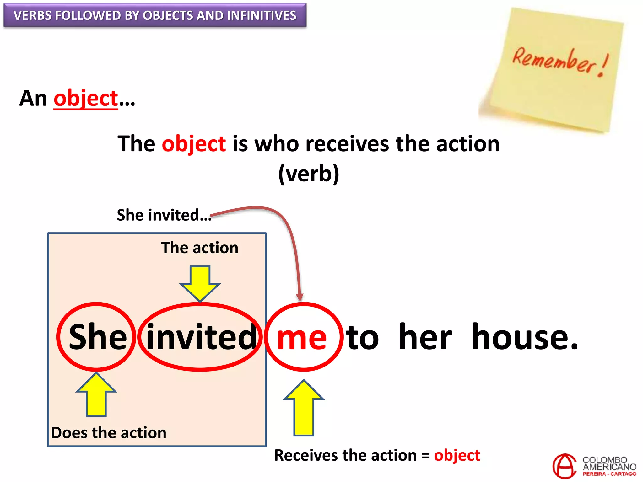 VERBS FOLLOWED BY OBJECTS AND INFINITIVES
An object…
The object is who receives the action
(verb)
She invited me to her house.
Does the action
The action
Receives the action = object
She invited…
 