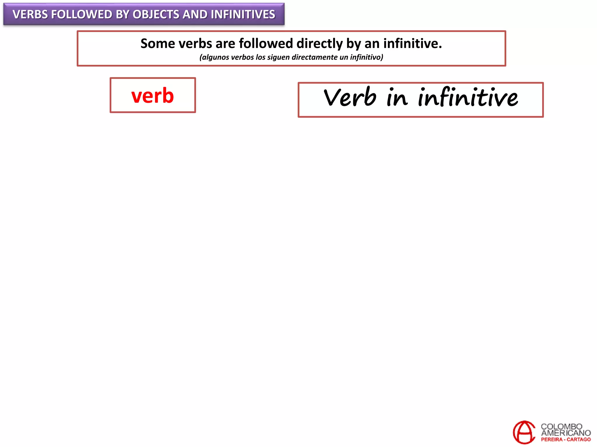 VERBS FOLLOWED BY OBJECTS AND INFINITIVES
Some verbs are followed directly by an infinitive.
(algunos verbos los siguen directamente un infinitivo)
verb Verb in infinitive
 