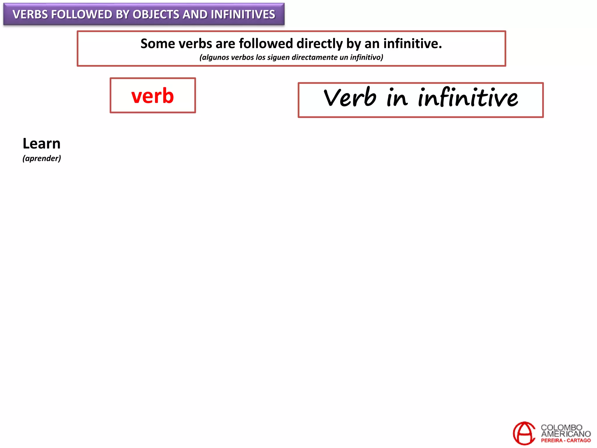 VERBS FOLLOWED BY OBJECTS AND INFINITIVES
Some verbs are followed directly by an infinitive.
(algunos verbos los siguen directamente un infinitivo)
Learn
(aprender)
verb Verb in infinitive
 