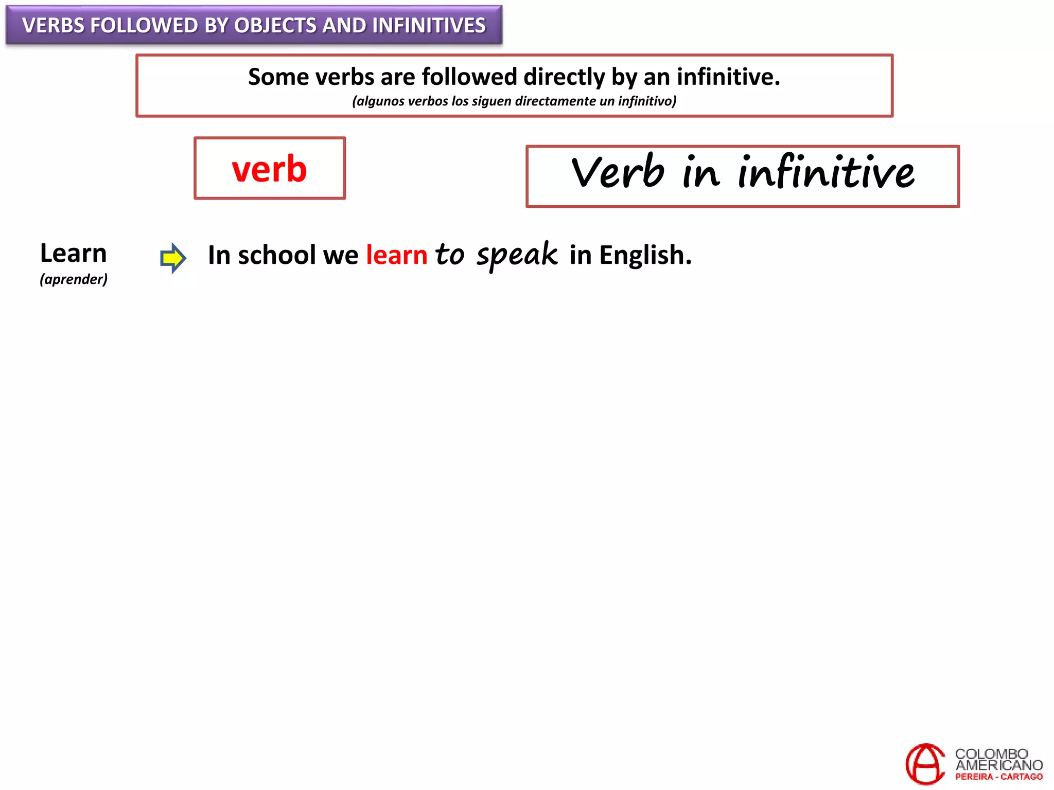 VERBS FOLLOWED BY OBJECTS AND INFINITIVES
Some verbs are followed directly by an infinitive.
(algunos verbos los siguen directamente un infinitivo)
Learn
(aprender)
In school we learn to speak in English.
verb Verb in infinitive
 