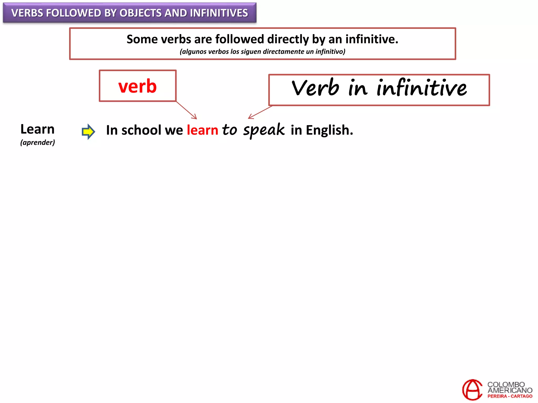 VERBS FOLLOWED BY OBJECTS AND INFINITIVES
Some verbs are followed directly by an infinitive.
(algunos verbos los siguen directamente un infinitivo)
Learn
(aprender)
In school we learn to speak in English.
verb Verb in infinitive
 