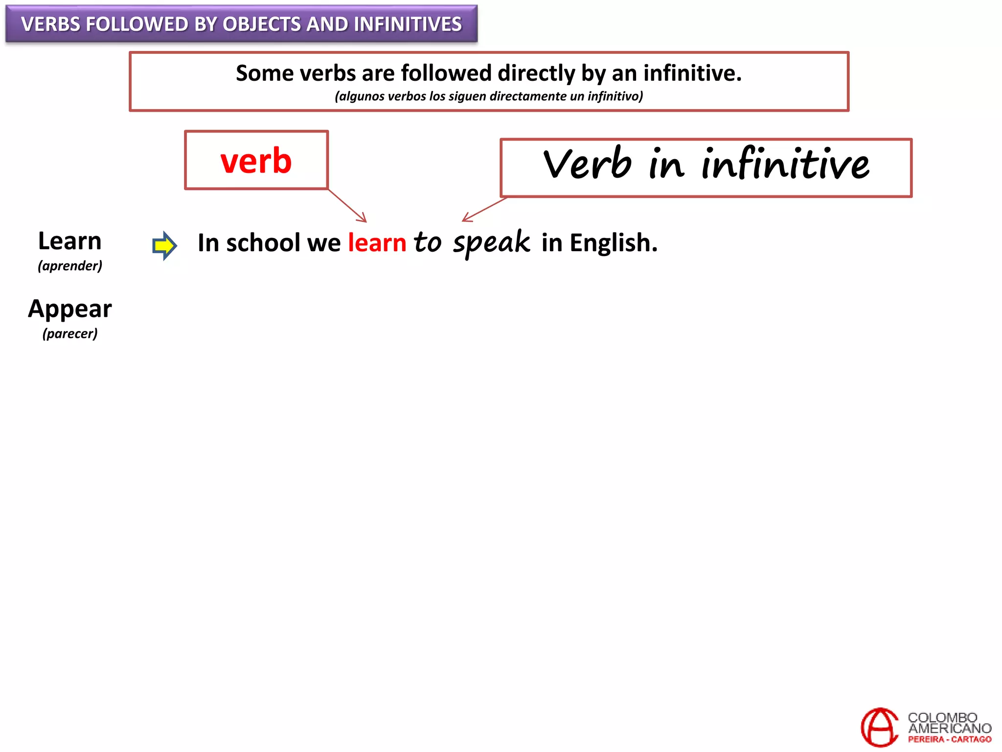 VERBS FOLLOWED BY OBJECTS AND INFINITIVES
Some verbs are followed directly by an infinitive.
(algunos verbos los siguen directamente un infinitivo)
Learn
(aprender)
Appear
(parecer)
In school we learn to speak in English.
verb Verb in infinitive
 
