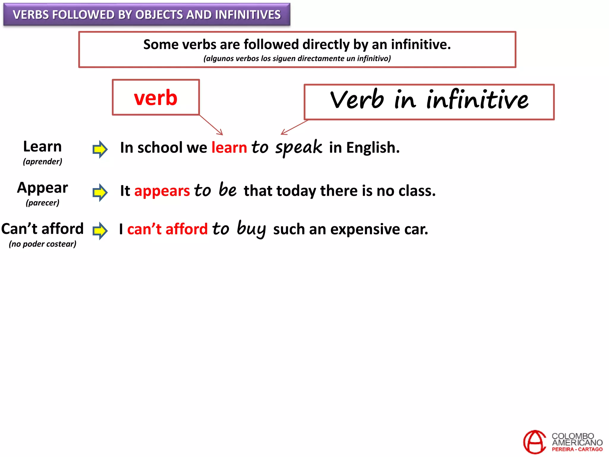 VERBS FOLLOWED BY OBJECTS AND INFINITIVES
Some verbs are followed directly by an infinitive.
(algunos verbos los siguen directamente un infinitivo)
Learn
(aprender)
Appear
(parecer)
Can’t afford
(no poder costear)
In school we learn to speak in English.
It appears to be that today there is no class.
I can’t afford to buy such an expensive car.
verb Verb in infinitive
 