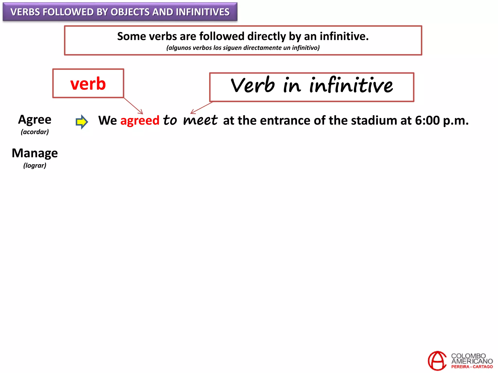 VERBS FOLLOWED BY OBJECTS AND INFINITIVES
Some verbs are followed directly by an infinitive.
(algunos verbos los siguen directamente un infinitivo)
Agree
(acordar)
Manage
(lograr)
We agreed to meet at the entrance of the stadium at 6:00 p.m.
verb Verb in infinitive
 