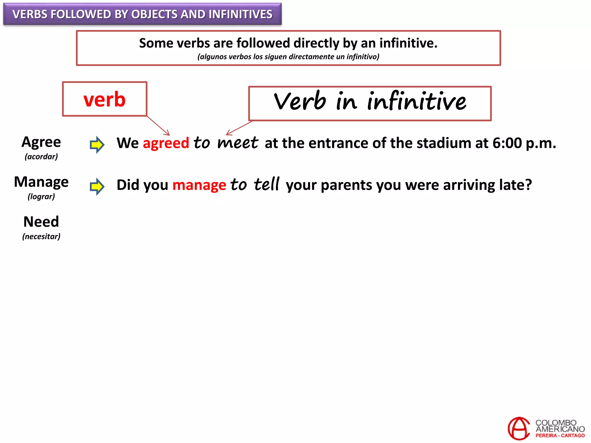 VERBS FOLLOWED BY OBJECTS AND INFINITIVES
Some verbs are followed directly by an infinitive.
(algunos verbos los siguen directamente un infinitivo)
Agree
(acordar)
Manage
(lograr)
Need
(necesitar)
We agreed to meet at the entrance of the stadium at 6:00 p.m.
Did you manage to tell your parents you were arriving late?
verb Verb in infinitive
 