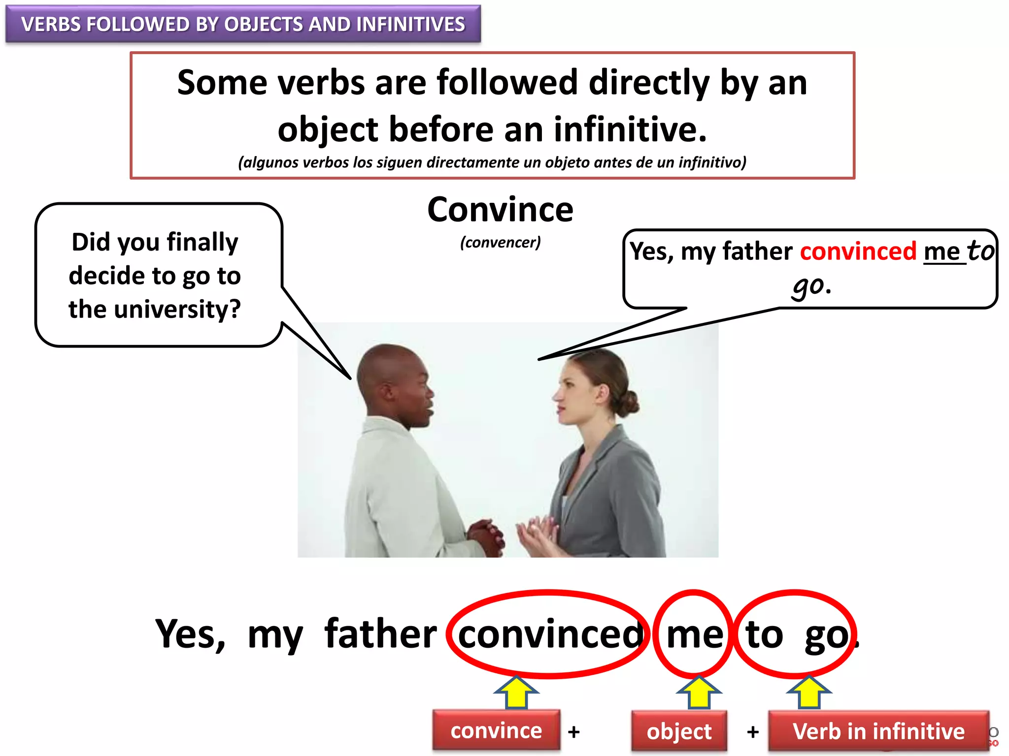 VERBS FOLLOWED BY OBJECTS AND INFINITIVES
Some verbs are followed directly by an
object before an infinitive.
(algunos verbos los siguen directamente un objeto antes de un infinitivo)
Convince
(convencer)Did you finally
decide to go to
the university?
Yes, my father convinced me to
go.
Yes, my father convinced me to go.
convince + object + Verb in infinitive
 