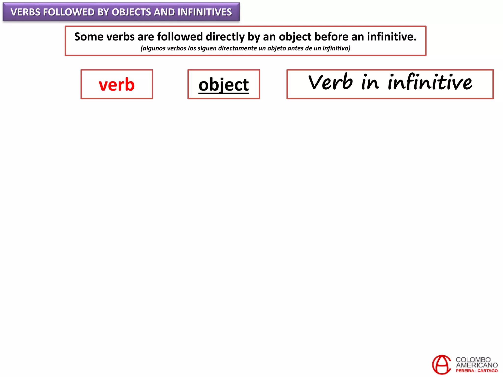 VERBS FOLLOWED BY OBJECTS AND INFINITIVES
Some verbs are followed directly by an object before an infinitive.
(algunos verbos los siguen directamente un objeto antes de un infinitivo)
verb object Verb in infinitive
 