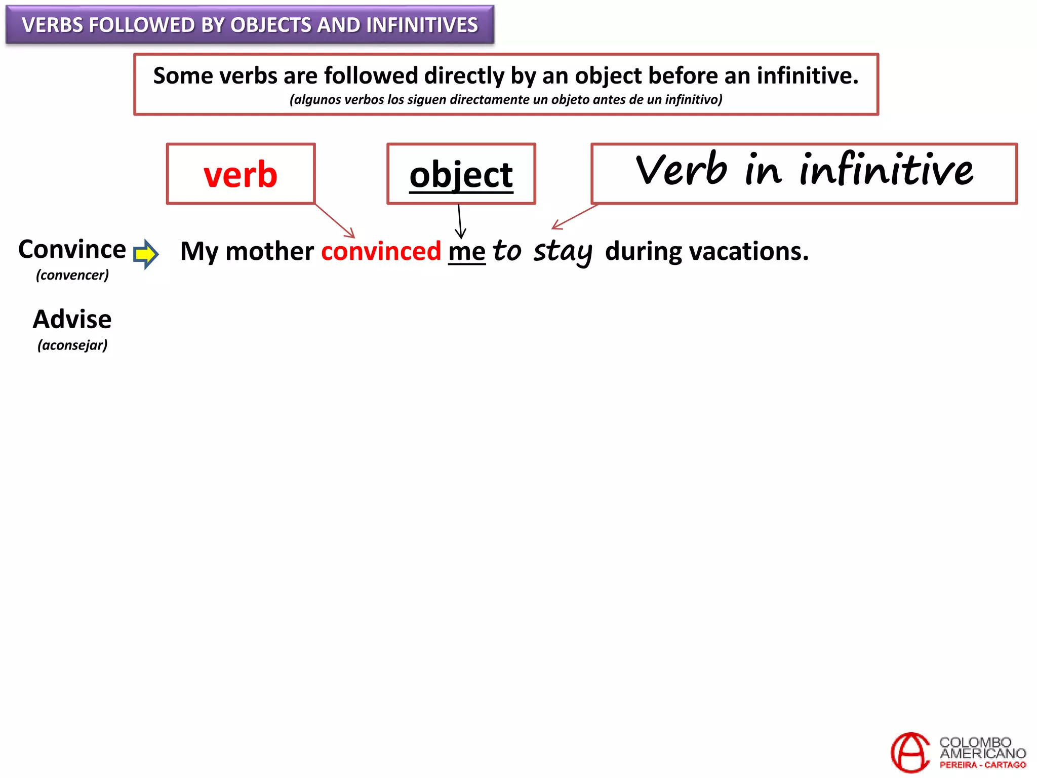 VERBS FOLLOWED BY OBJECTS AND INFINITIVES
Some verbs are followed directly by an object before an infinitive.
(algunos verbos los siguen directamente un objeto antes de un infinitivo)
Convince
(convencer)
Advise
(aconsejar)
My mother convinced me to stay during vacations.
verb object Verb in infinitive
 