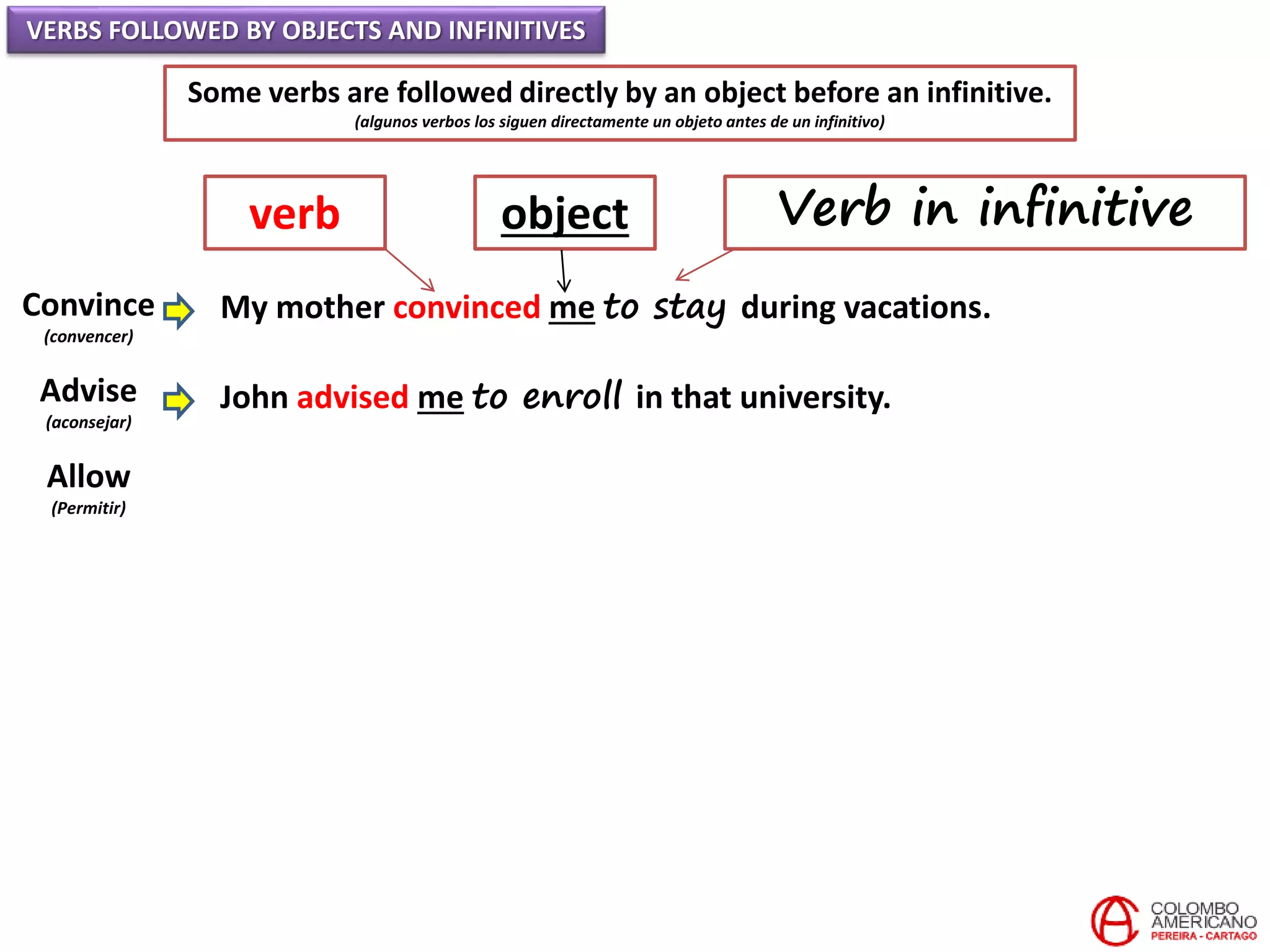 VERBS FOLLOWED BY OBJECTS AND INFINITIVES
Some verbs are followed directly by an object before an infinitive.
(algunos verbos los siguen directamente un objeto antes de un infinitivo)
Convince
(convencer)
Advise
(aconsejar)
Allow
(Permitir)
My mother convinced me to stay during vacations.
John advised me to enroll in that university.
verb object Verb in infinitive
 