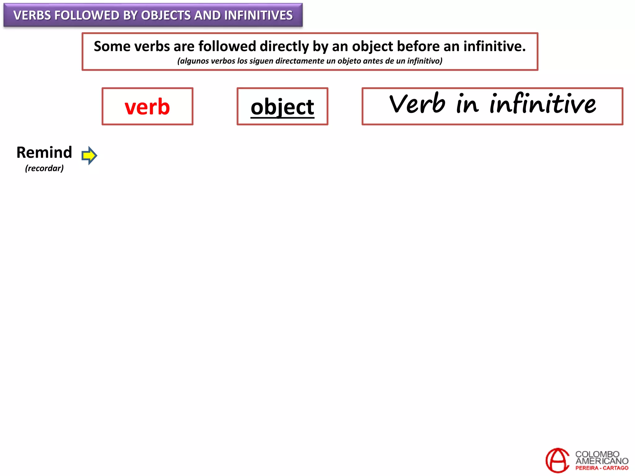 VERBS FOLLOWED BY OBJECTS AND INFINITIVES
Some verbs are followed directly by an object before an infinitive.
(algunos verbos los siguen directamente un objeto antes de un infinitivo)
Remind
(recordar)
verb object Verb in infinitive
 
