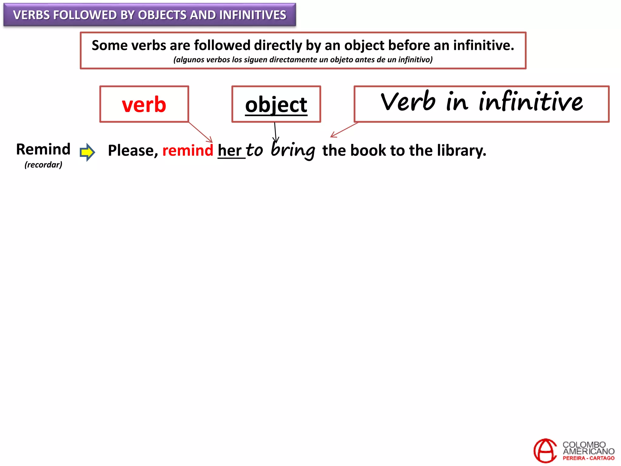 VERBS FOLLOWED BY OBJECTS AND INFINITIVES
Some verbs are followed directly by an object before an infinitive.
(algunos verbos los siguen directamente un objeto antes de un infinitivo)
Remind
(recordar)
Please, remind her to bring the book to the library.
verb object Verb in infinitive
 