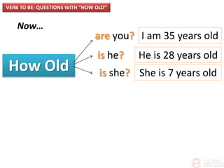 Now…
How Old
VERB TO BE: QUESTIONS WITH “HOW OLD”
are you?
is he?
is she?
I am 35 years old
He is 28 years old
She is 7 years old
 