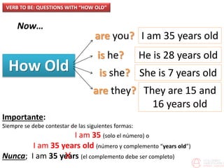 Now…
How Old
VERB TO BE: QUESTIONS WITH “HOW OLD”
are you?
is he?
is she?
are they?
I am 35 years old
He is 28 years old
She is 7 years old
They are 15 and
16 years old
Importante:
Siempre se debe contestar de las siguientes formas:
I am 35 (solo el número) o
I am 35 years old (número y complemento “years old”)
Nunca; I am 35 years (el complemento debe ser completo)X
 