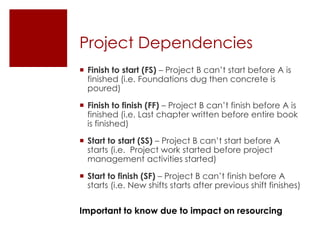 Project Dependencies
 Finish to start (FS) – Project B can’t start before A is
  finished (i.e. Foundations dug then concrete is
  poured)

 Finish to finish (FF) – Project B can’t finish before A is
  finished (i.e. Last chapter written before entire book
  is finished)

 Start to start (SS) – Project B can’t start before A
  starts (i.e. Project work started before project
  management activities started)

 Start to finish (SF) – Project B can’t finish before A
  starts (i.e. New shifts starts after previous shift finishes)


Important to know due to impact on resourcing
 