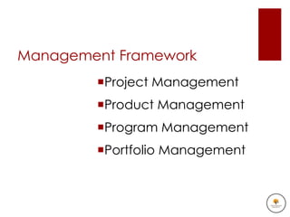 Management Framework
        Project Management
        Product Management
        Program Management
        Portfolio Management
 