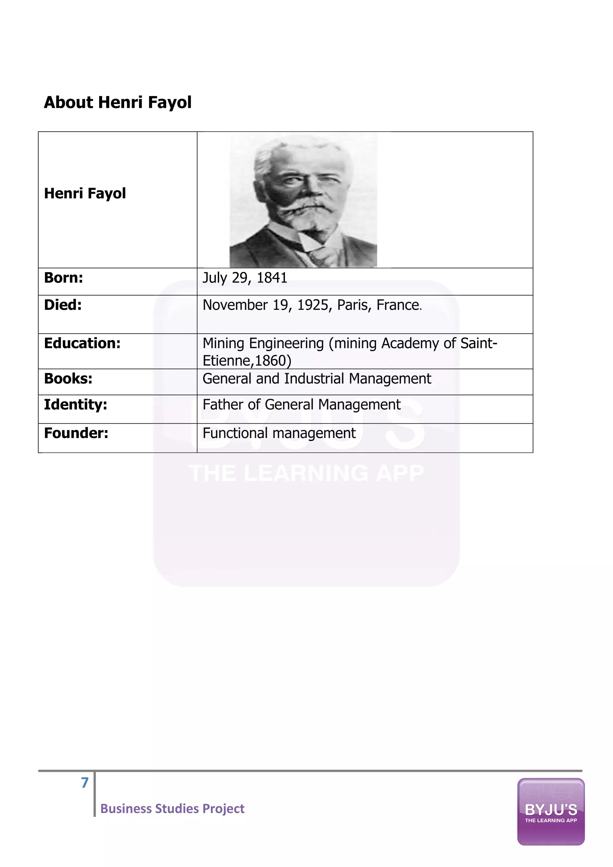 7
Business Studies Project
About Henri Fayol
Henri Fayol
Born: July 29, 1841
Died: November 19, 1925, Paris, France.
Education: Mining Engineering (mining Academy of Saint-
Etienne,1860)
Books: General and Industrial Management
Identity: Father of General Management
Founder: Functional management
 