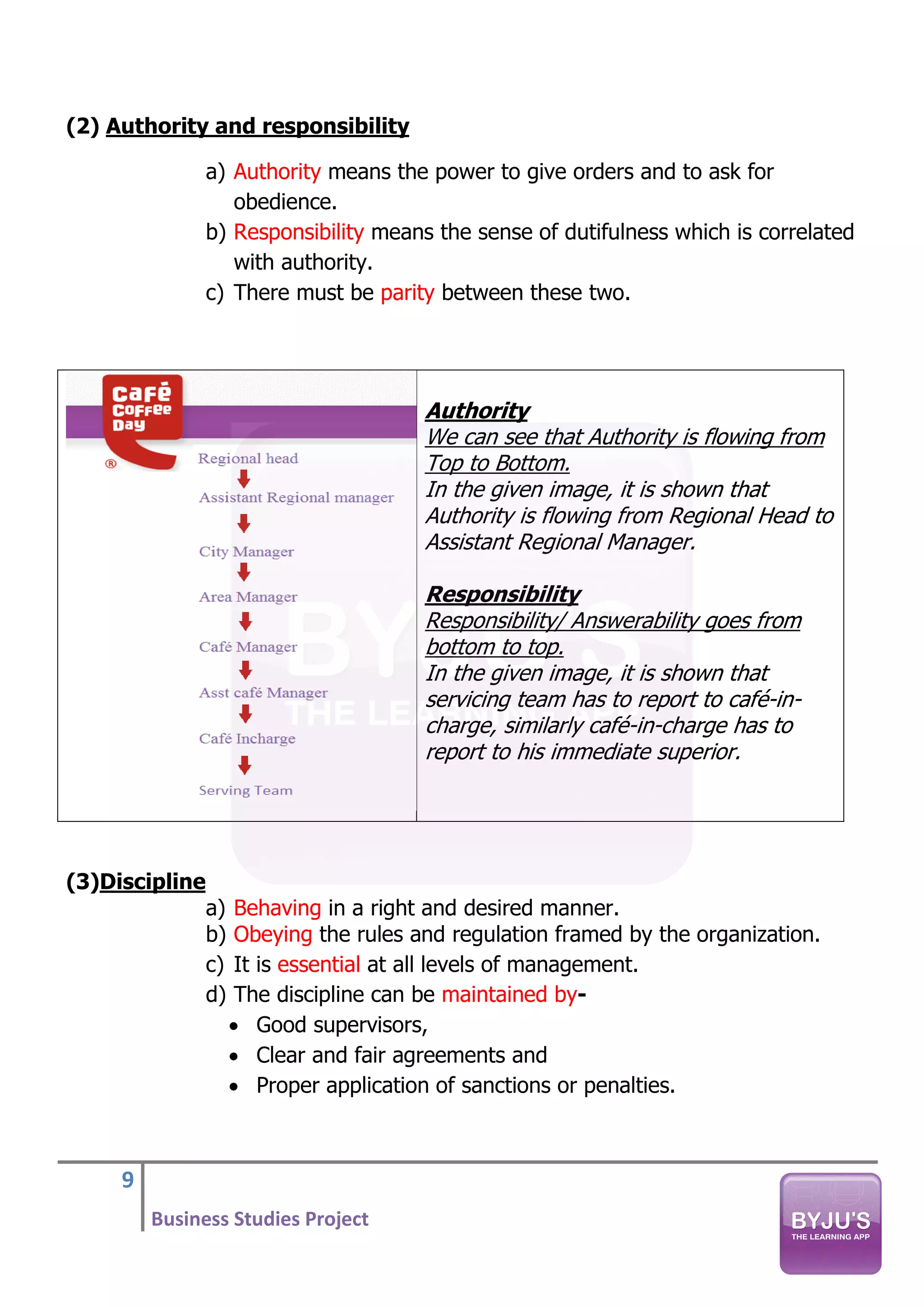 9
Business Studies Project
(2) Authority and responsibility
a) Authority means the power to give orders and to ask for
obedience.
b) Responsibility means the sense of dutifulness which is correlated
with authority.
c) There must be parity between these two.
Authority
We can see that Authority is flowing from
Top to Bottom.
In the given image, it is shown that
Authority is flowing from Regional Head to
Assistant Regional Manager.
Responsibility
Responsibility/ Answerability goes from
bottom to top.
In the given image, it is shown that
servicing team has to report to café-in-
charge, similarly café-in-charge has to
report to his immediate superior.
(3)Discipline
a) Behaving in a right and desired manner.
b) Obeying the rules and regulation framed by the organization.
c) It is essential at all levels of management.
d) The discipline can be maintained by-
• Good supervisors,
• Clear and fair agreements and
• Proper application of sanctions or penalties.
 