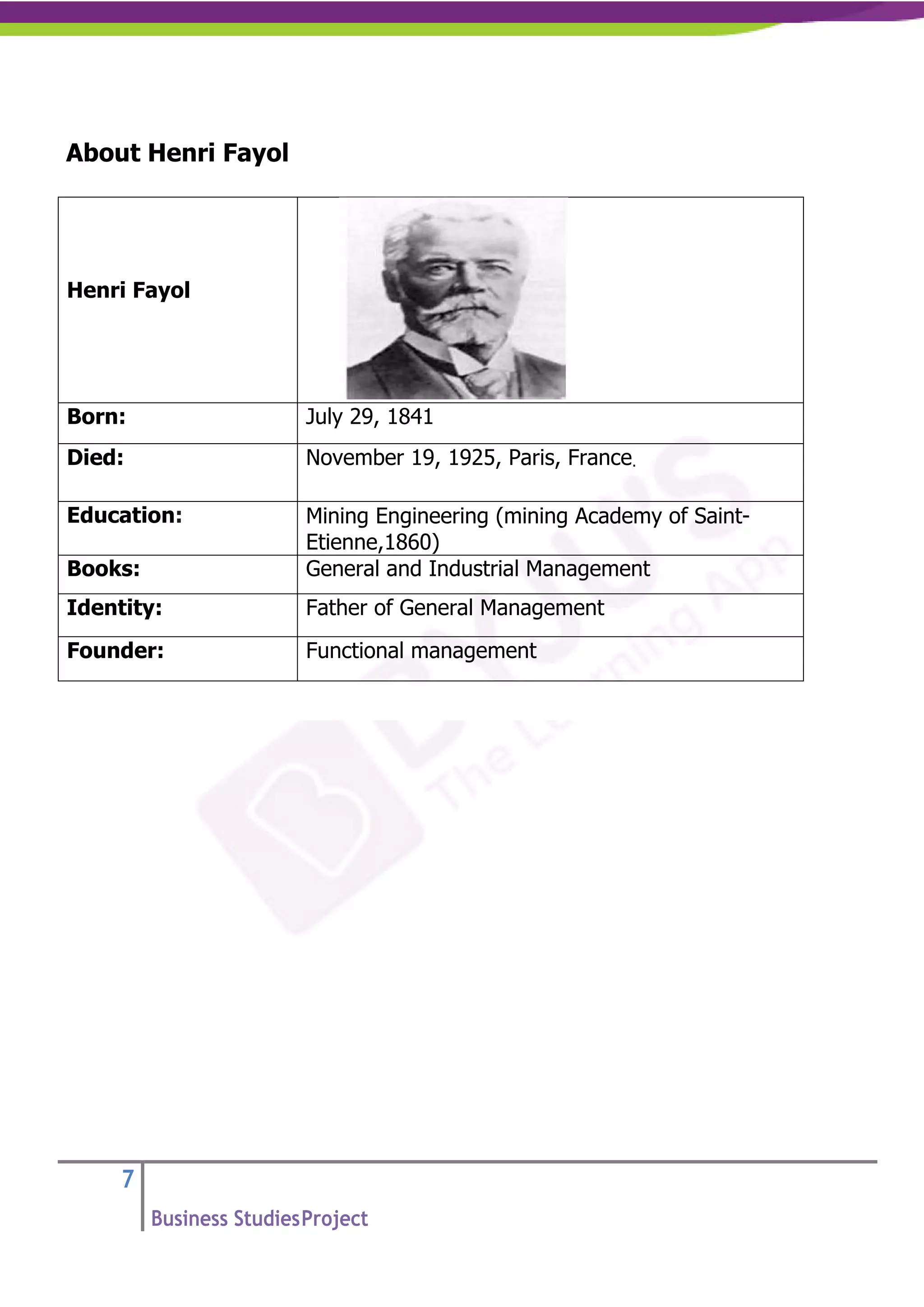 7
Business StudiesProject
About Henri Fayol
Henri Fayol
Born: July 29, 1841
Died: November 19, 1925, Paris, France.
Education: Mining Engineering (mining Academy of Saint-
Etienne,1860)
Books: General and Industrial Management
Identity: Father of General Management
Founder: Functional management
 