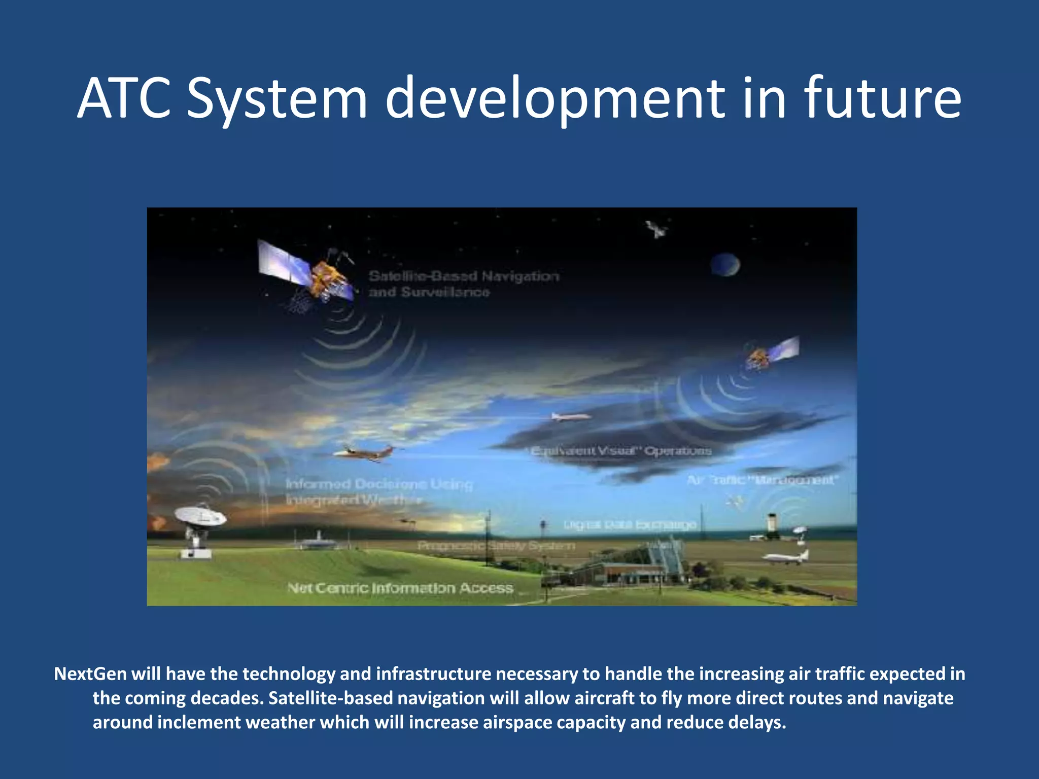 ATC System development in future




NextGen will have the technology and infrastructure necessary to handle the increasing air traffic expected in
    the coming decades. Satellite-based navigation will allow aircraft to fly more direct routes and navigate
    around inclement weather which will increase airspace capacity and reduce delays.
 