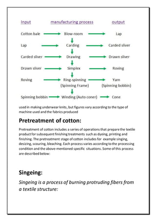 used in making underwear knits, but figures vary according to the type of
machine used and the fabrics produced
Pretreatment of cotton:
Pretreatment of cotton includes a series of operations that preparethe textile
productfor subsequentfinishing treatments such as dyeing, printing and
finishing. The pretreatment stage of cotton includes for example singing,
desizing, scouring, bleaching. Each process varies according to the processing
condition and the above-mentioned specific situations. Some of this process
are described below:
Singeing:
Singeing is a process of burning protruding fibers from
a textile structure:
 
