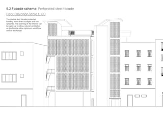 5.2 Facade scheme: Perforated steel facade
Rear Elevation scale 1: 100
The double skin facade protected
building from direct sunlight and rain
splashes. The opening of the interior can
be open up to allow natural ventilation
as the facade allow optimum wind flow
and air exchange.
 