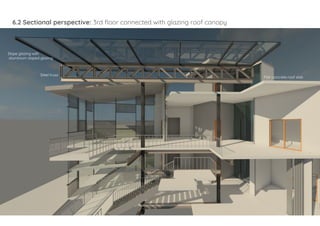 6.2 Sectional perspective: 3rd floor connected with glazing roof canopy
Slope glazing with
aluminium sloped glazing
Steel truss
Flat concrete roof slab
 