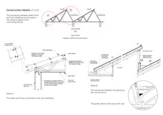 Construction details of roof:
The connection between steel frame
and roof sheathing are focused in
this study to apply to the
community library.
Detail A:
The steel roof frame connected to the roof sheathing
Detail B:
The connection between the glazing to
the roof structure.
The gutter detail of the saw tooth roof
A
B
 