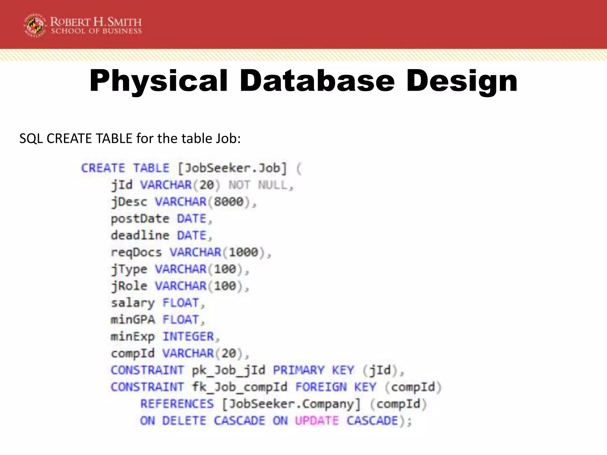 Physical Database Design
SQL CREATE TABLE for the table Job:
 