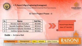 G. H. Raisoni Collegeof engineering& management
An Autonomous Institute Affiliated to Savitribai Phule Pune University
Sr. Name Roll No.
1 Renuka Sushil Hulsurkar BCEA06
2 Saurabh Rajabhau Thokane BCEA14
3 Rushikesh Rajkumar Alamkere BCEA22
4 Vaibhav Sanjay Kosalge BCEA61
B.Tech Project Phase – II
Guide :- Archana Mali
Second Project Review
Date: 27th Feb 2021
 