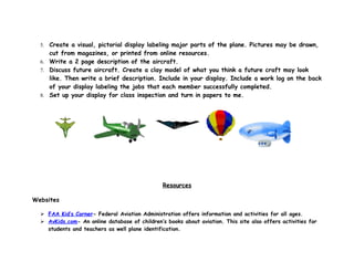 5. Create a visual, pictorial display labeling major parts of the plane. Pictures may be drawn,
     cut from magazines, or printed from online resources.
  6. Write a 2 page description of the aircraft.
  7. Discuss future aircraft. Create a clay model of what you think a future craft may look
     like. Then write a brief description. Include in your display. Include a work log on the back
     of your display labeling the jobs that each member successfully completed.
  8. Set up your display for class inspection and turn in papers to me.




                                                Resources

Websites

   FAA Kid’s Corner- Federal Aviation Administration offers information and activities for all ages.
   AvKids.com- An online database of children’s books about aviation. This site also offers activities for
    students and teachers as well plane identification.
 