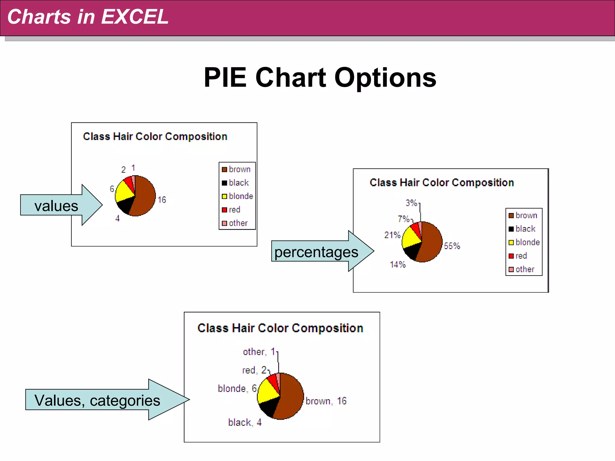 PIE Chart Options Charts in EXCEL values percentages Values, categories 