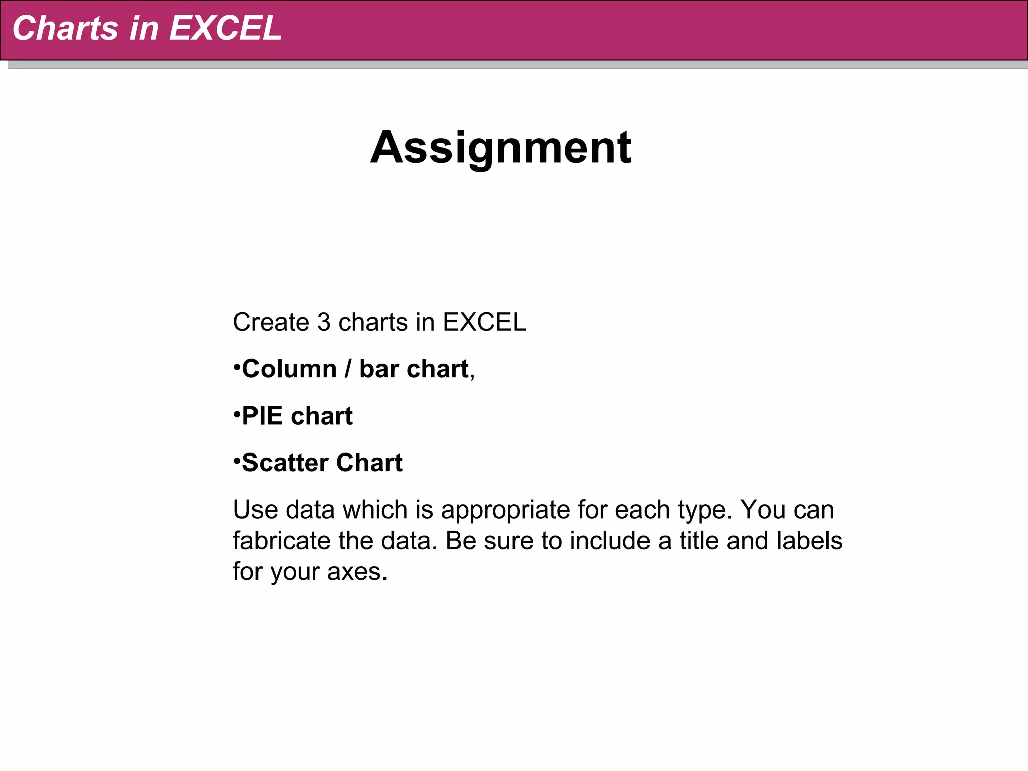 Assignment Create 3 charts in EXCEL Column / bar chart , PIE chart Scatter Chart   Use data which is appropriate for each type. You can fabricate the data. Be sure to include a title and labels for your axes. Charts in EXCEL 