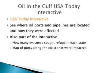 USA Today Interactive  See where oil ports and pipelines are located and how they were affected Also part of the interactive How many evacuees sought refuge in each state Map of ports along the coast that were impacted 