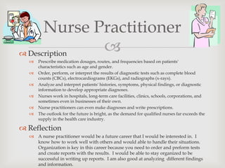 Nurse Practitioner
 Description
              
     Prescribe medication dosages, routes, and frequencies based on patients'
      characteristics such as age and gender.
     Order, perform, or interpret the results of diagnostic tests such as complete blood
      counts (CBCs), electrocardiograms (EKGs), and radiographs (x-rays).
     Analyze and interpret patients' histories, symptoms, physical findings, or diagnostic
      information to develop appropriate diagnoses.
     Nurses work in hospitals, long-term care facilities, clinics, schools, corporations, and
      sometimes even in businesses of their own.
     Nurse practitioners can even make diagnoses and write prescriptions.
     The outlook for the future is bright, as the demand for qualified nurses far exceeds the
      supply in the health care industry.

 Reflection
   A nurse practitioner would be a future career that I would be interested in. I
    know how to work well with others and would able to handle their situations.
    Organization is key in this career because you need to order and preform tests
    and create reports with the results. I would be able to stay organized to be
    successful in writing up reports. I am also good at analyzing different findings
    and information.
 