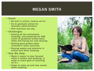  Goals:
 Do well in school, receive all A’s
 Go to graduate school for
business administration
 Own business one day
 Challenges:
 Getting all the schoolwork,
studying, and preparing for GRE
exam for graduate school done,
while still having fun and relaxing
 Getting good grades while
involved in many activities
 Staying awake and attentive in
school and while studying
 How We Help:
 Make it easier to stay focused
while in school and studying, in
order to reach goal of receiving
all A’s
 Helps to wake up and stay awake
while studying
MEGAN SMITH
 