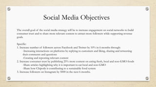 Social Media Objectives
The overall goal of the social media strategy will be to increase engagement on social networks to build
consumer trust and to share more relevant content to attract more followers while supporting revenue
goals.
Specific:
1. Increase number of followers across Facebook and Twitter by 10% in 6 months through:
-Increasing interactions on platforms by replying to customers and liking, sharing and retweeting
their comments and questions
-Creating and reposting relevant content
2. Increase consumer trust by publishing 25% more content on eating fresh, local and non-GMO foods
-Share articles highlighting why it is important to eat local and non-GMO
-Share how Chipotle is contributing to a sustainable food system
3. Increase followers on Instagram by 5000 in the next 6 months.
 