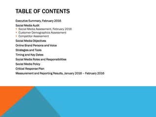 TABLE OF CONTENTS
Executive Summary, February 2016
Social Media Audit
 Social Media Assessment, February 2016
 Customer Demographics Assessment
 Competitor Assessment
Social Media Objectives
Online Brand Persona and Voice
Strategies and Tools
Timing and Key Dates
Social Media Roles and Responsibilities
Social Media Policy
Critical Response Plan
Measurement and Reporting Results, January 2016 – February 2016
 