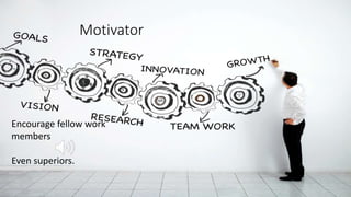 Motivator
Encourage fellow work
members
Even superiors.
 
