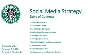 Social Media Strategy
Table of Contents
1. Executive Summary
2. Social Media Audit
3. Social Media Objectives
4. Online Brand Persona and Voice
5. Strategies and Tools
6. Timing and Key Dates
7.Social Media Roles and Responsibilities
8. Social Media Policy
9. Critical Response Plan
10. Measurement and Reporting Results.
Kimberly Miller
October 2, 2016
Project 1: Starbucks
 