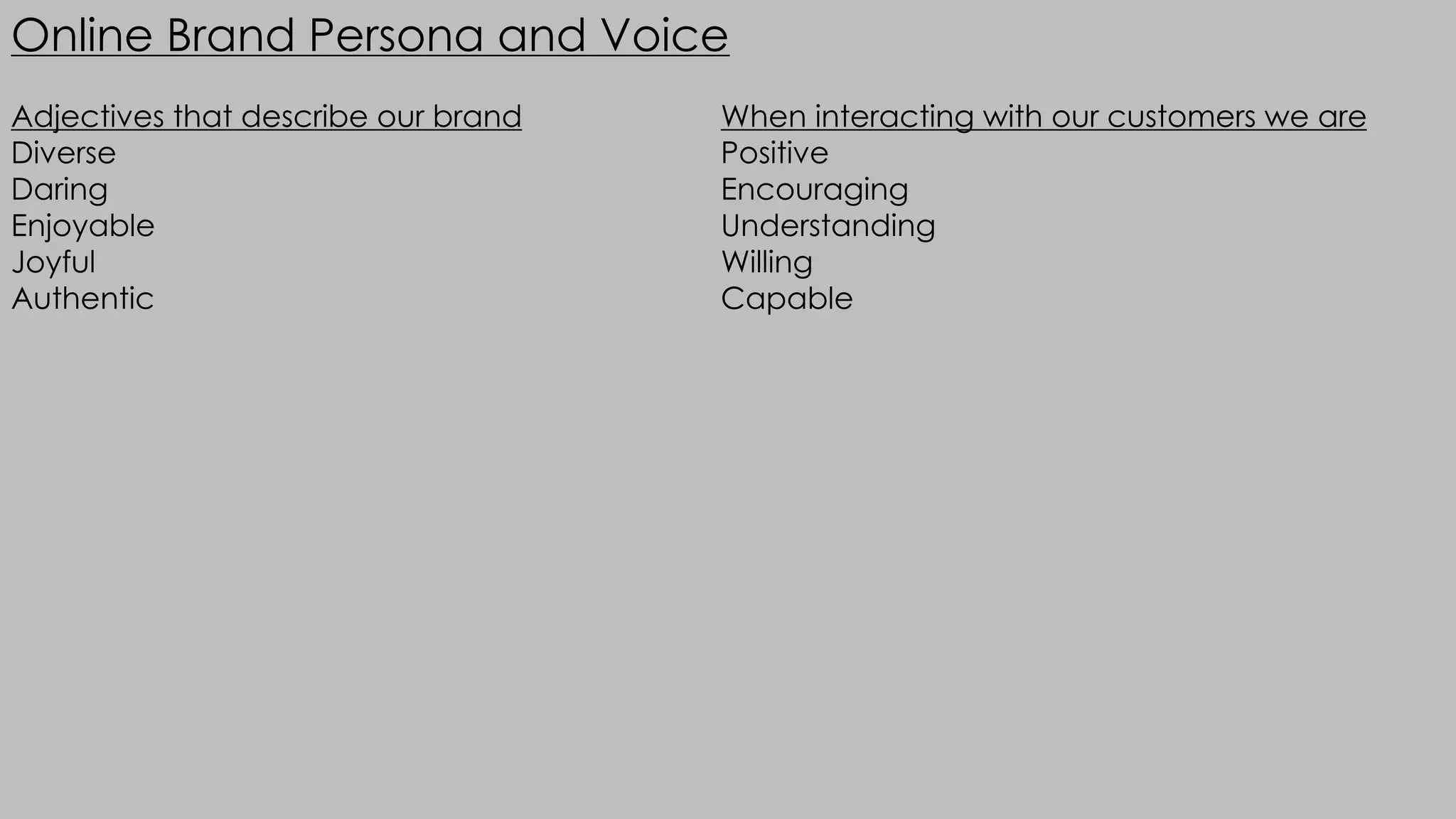 Online Brand Persona and Voice
Adjectives that describe our brand When interacting with our customers we are
Diverse Positive
Daring Encouraging
Enjoyable Understanding
Joyful Willing
Authentic Capable
 