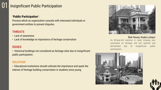 01 Insignificant Public Participation
“Public Participation”:
Process which an organization consults with interested individuals or
government entities to prevent disputes.
THREATS
• Lack of awareness
• Lack of knowledge on importance of heritage conservation
ISSUES
• Historical buildings not considered as heritage sites due to insignificant
public participation.
SOLUTION
• Educational institutions should cultivate the importance and spark the
interest of heritage building conservation in students since young
Bok House, Kuala Lumpur
An 80-year-old mansion in Jalan Ampang was
nominated as heritage site but rejected and
demolished due to insignificant public
participation.
 
