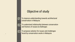 01
Objective of study
02
-
03
To improve understanding towards architectural
conservation in Malaysia
01
02 To understand relationship between conservation
and factors of issues & challenges
03 To propose solution for issues and challenges
faced by conservation works in Malaysia
 