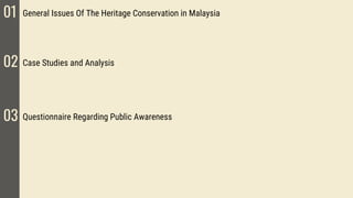 01 General Issues Of The Heritage Conservation in Malaysia
02 Case Studies and Analysis
03 Questionnaire Regarding Public Awareness
 